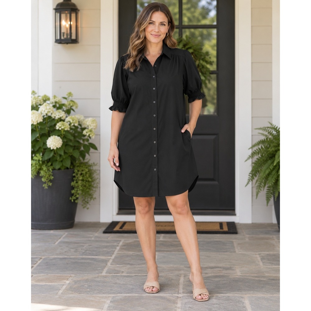 Finley Miller Shirt Dress Black Puffy Sleeve Pocket Button Front Weathercloth 2X